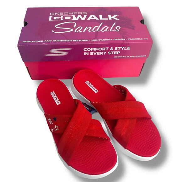NEW Skechers Go Walk Flex Sandals Size 10 Patriotic Slip On Red Sparkles Flat - Picture 11 of 12